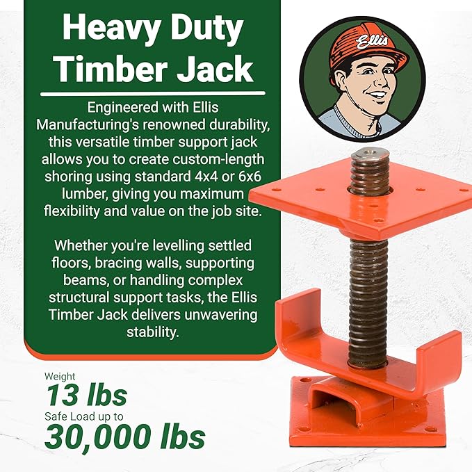 Ellis Manufacturing Timber Jack – Adjustable Post for House Leveling, Basement Support, Joist Lift, Crawl Space Shoring, Screw Support Beam, 5" Range, 30,000 lbs Capacity