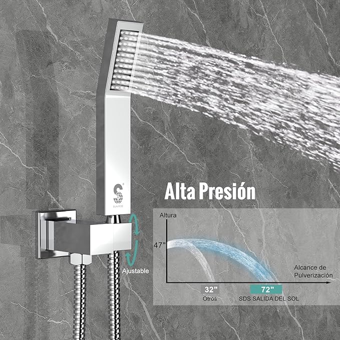 SR SUN RISE 12 Inches All Metal Square Shower System with Tub Spout, Tub Shower Faucet Set, High Pressure Rain Shower Head and Handheld Sprayer Combo Shower Fixtues, Valve Included, Polished Chrome