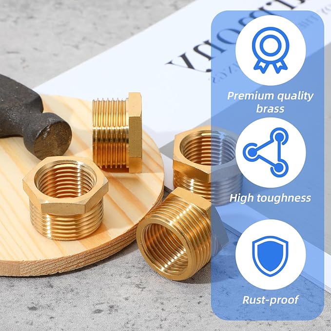 4pcs Brass Reducer Hex Bushing, 3/4" NPT Male to 1/2" NPT Female Heavy Duty Threaded Pipe Air Hose Fitting Reducer Adapter for Plumbing Gas Hydraulic Systems