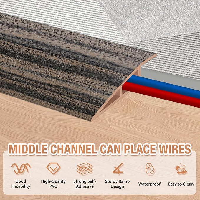 Floor Transition Strip Self Adhesive Vinyl Door Threshold for Doorways Carpet Edging Trim Overlap Edge Reducer for Laminate Floor, Carpet, Tile (Smoked Brown Wood Grain, 2/5" to 3/5", 10Ft)