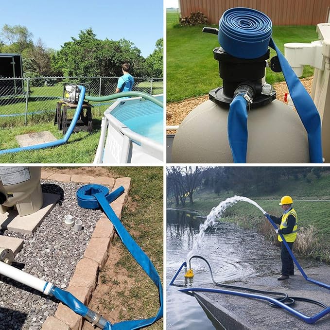 Eastrans 1-1/4'' x 50ft Blue PVC Lay-Flat Backwash Hose for Swimming Pools, Heavy Duty Discharge Hose Reinforced Pool Drain Hose, Weather Resistant Ideal for Water Transferring