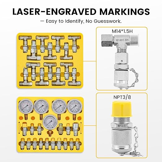 Hydraulic Pressure Test Kit, 5 Gauges, 16 Couplings incl. 3 Extra NPT (3/8", 1/2", 3/4"), 14 Tee Connectors, 5 Hoses, for Excavators, Loaders, Tractors, Forklifts, Construction & Mining