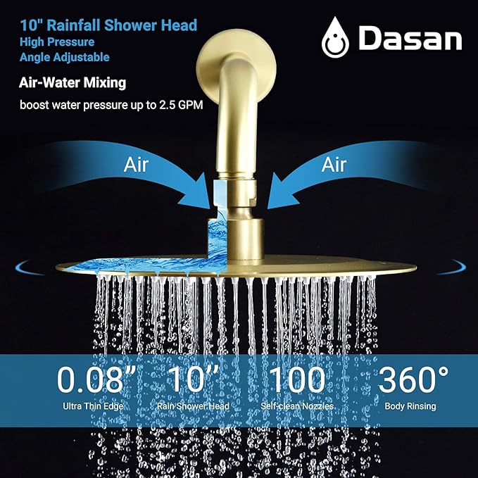 DASAN Tub Shower Faucets Sets Complete Bathtub Faucet Set Brushed Gold Bathtub Shower System with Tub Spout, Bathroom Tub and Shower Faucet Combo Trim Kit with Rough-in Valve, DA-SS03BG-R10W