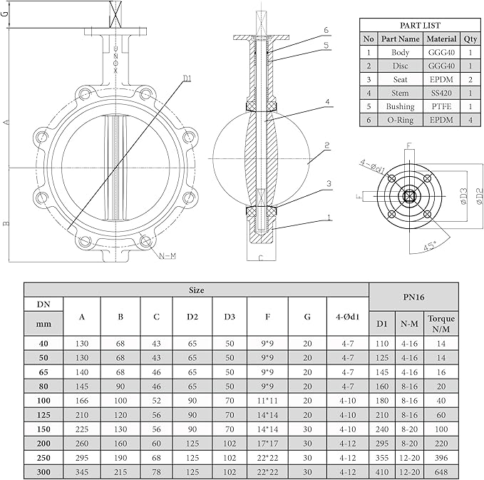 UNOX Lug Type Butterfly Valve DN200 (8"), Iron Disc with Cast Iron Body, EPDM Gasket, PN16 Working Pressure for Industrial Flow Control - Lug Type Valve for Liquids and Gases