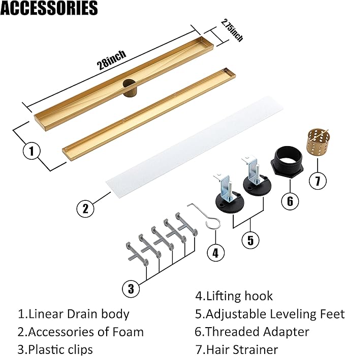 28 inch Linear Shower Drain with Removable Square Hole Panel by Using Brushed 304 Stainless Steel Process, Linear Drain Equipped with Adjustable Feet and Hair Strainer(Brushed Gold Color)