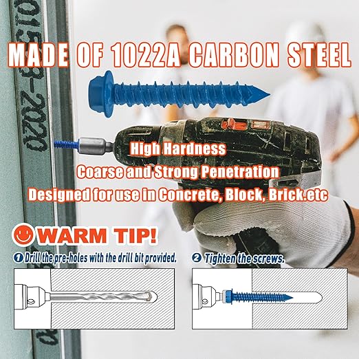 100Pcs 3/16" x1-1/4 Concrete Screws with Drill Bit, Hex Head Concrete Cement Screws Anchor Assortment Kit for Masonry, Block Brick or Stucco