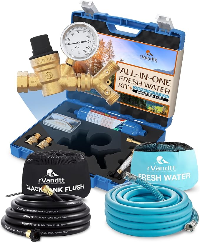 RV Fresh Water Kit w/Drinking & Santation Hose - RV Water Pressure Regulator, Filter, Hose Connectors, Leak Repair Kit, Carrying Case, 35' Drinking Water & Sanitation Hose