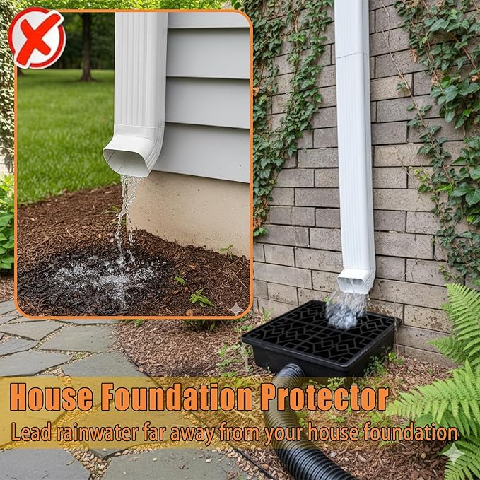 Rain Gutter Downspout Extensions with 10×10in Catch Basin, Low-Profile Downspout Extender, Flexible Drainage Pipe Extends to 6.5ft, French Drain Kit & Rainwater Diverter for Foundation Protection