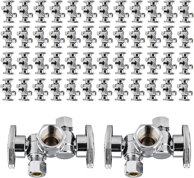 50-Pack EFIELD 1/4 Turn Dual Compression Outlet Angle Stop Valve with 2 Shut Off Valve/Handles, 1/2" Fip Iron Pipe x (3/8 inch x 3/8 inch) Chrome Plated,(VALVE140-50PCS)