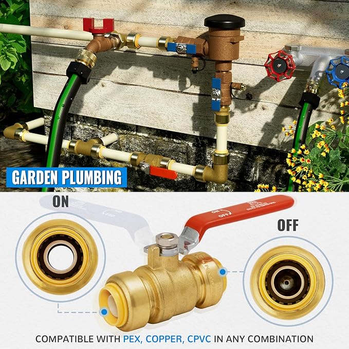 Shut Off Ball Valve 1 Inch, SUNGATOR 1 Inch Ball Valve, Push-to-Connect Water Shutoff, Easily Match to Pipe using Red and Blue Handle,No Lead Brass Plumbing Fittings for PEX Pipe,Copper,CPVC,Pack of 2
