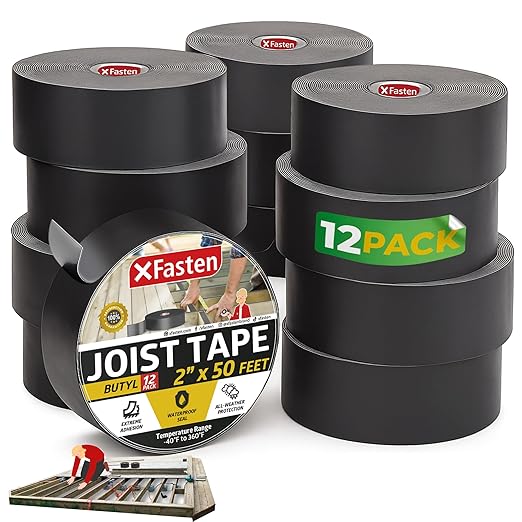 XFasten Butyl Joist Tape for Decking, 2 Inch x 50 Feet (12-Pack, 600ft) – Waterproof and Anti-Corrosion Deck Flashing Tape for Joists, Weatherproof Butyl Sealant for Deck Protection and Longevity