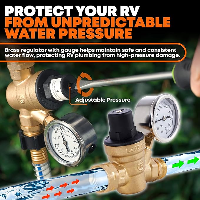 RV Fresh Water Kit w/Drinking Hose - RV Water Pressure Regulator, Filter, Hose Connectors, Leak Repair Kit, Carrying Case, 35' Drinking Water Hose