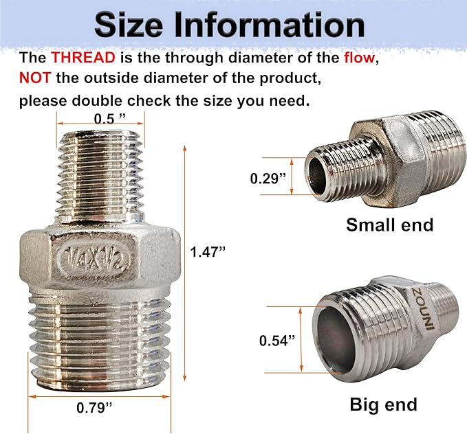 ZOUNI Reducing Hex Nipple, 304 Stainless Steel 1/2" NPT Male x 1/4" NPT Male Pipe Fitting Reducer Nipple Adapter 2000psi Reducer Straight Connector (2pcs, 1/2-1/4)