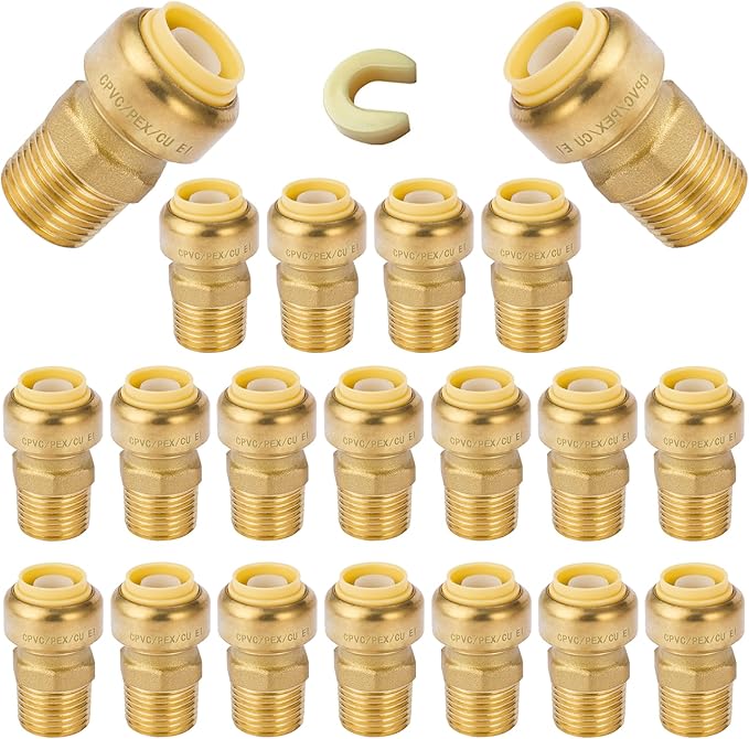 20-Pack HeSun Pushfit Male Adapter, 1/2" MNPT x 1/2" Push to Connect Plumbing Fittings with Disconnect Clip, Brass Push-fit Fittings for PEX, Copper, CPVC, PE-RT Pipes(PF021-20)