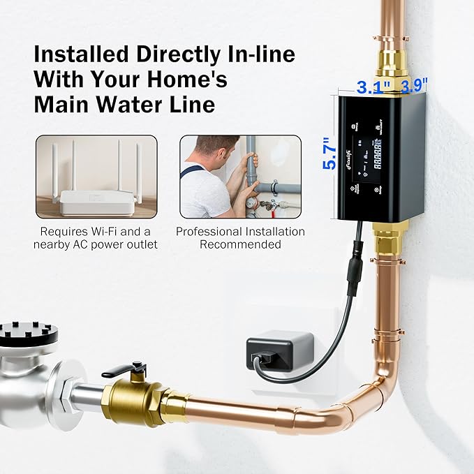 Frizzlife LP365-P 1.25-Inch Smart Water Monitor and Automatic Shutoff - 0.01GPM Ultrasonic Micro Leak Detection, APP Wi-Fi Remote Control,Pressure+Flow Monitoring, for 1-1/4-Inch Diameter Pipe