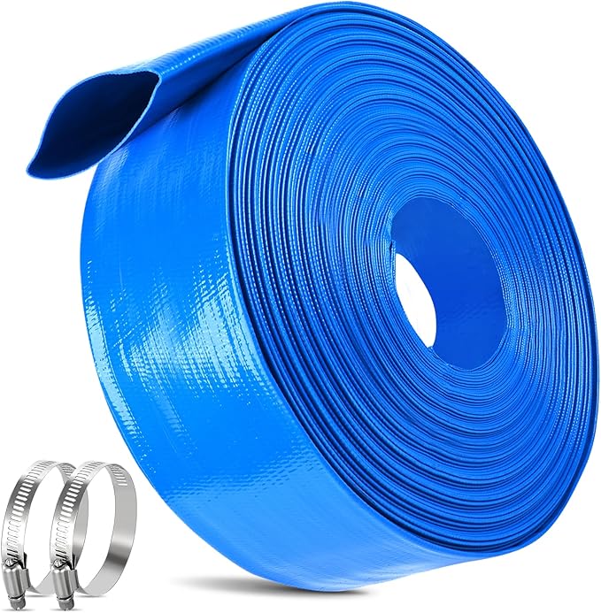 MYFAMIREA 2.5IN x 110FT Pool Backwash Hose Heavy Duty Drain Discharge Double PVC Layflat Hose with 2 Clamps, Weatherproof Burst Resistant for Water Transfer, Sump Pump, Pool Filter, Drain (33.6M,Blue)