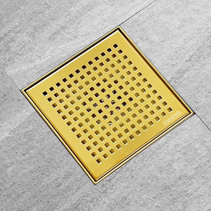 Neodrain 6 in Brushed Brass Square Shower Drain with Removable Quadrato Pattern Grate, PVC Shower Drain Base and Rubber Gasket, Gold 6" Square Drain with CUPC Certified, Golden Hair Strainer