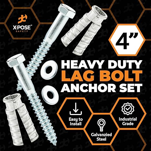xpose safety Concrete Anchors Set with 4"" Lag Bolt, Lag Shield and Washer - 100 Sets per Pack - 1/2"" Bolt Lag Screws 4-Inch for Speed Bumps for Asphalt - Galvanized Steel Lag Bolts
