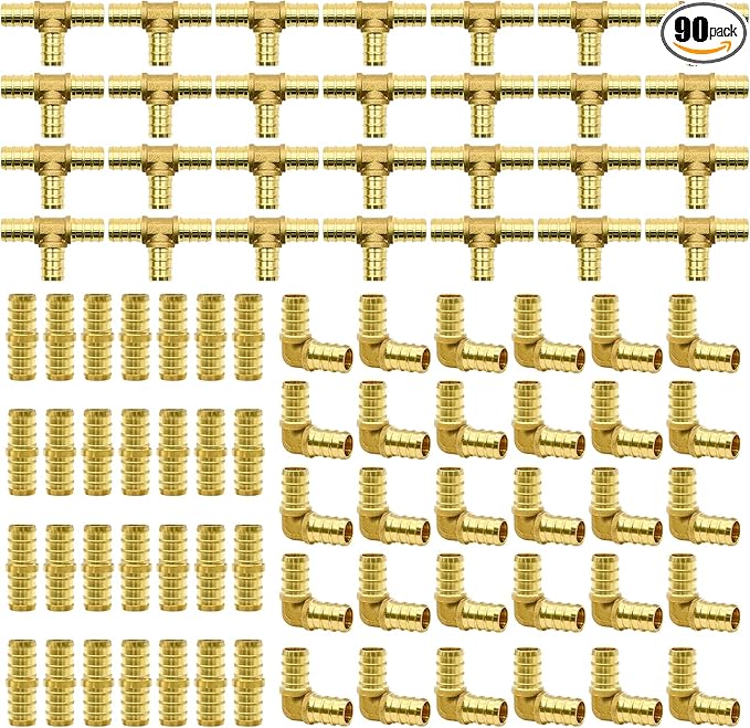 90pcs 1/2" PEX Fittings, Elbow TEE Straight Couplings Set, PEX Brass Crimp Fitting Combo with Tees, Elbows, Straights