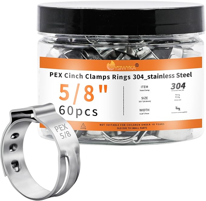 60pcs 5/8 inch PEX Cinch Clamps Rings, 304 Stainless Steel Single Ear Hose Clamps, Pex Crimp Rings for PEX Tubing Pipe Fitting Connections