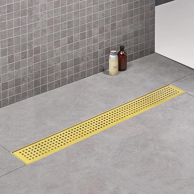 Linear Shower Drain, 32 inch Gold Drain with Removable Grate Cover, Brushed 304 Stainless Steel Shower Floor Drain, Linear Drain with Hair Strainer and Adjustable Feet