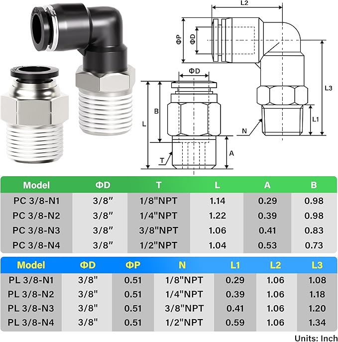TAILONZ PNEUMATIC Elbow and Straight Combination 3/8 Inch Tube OD x 3/8 Inch NPT Thread Push to Connect Fittings PC-3/8-N3+PL-3/8-N3(Pack of 12)