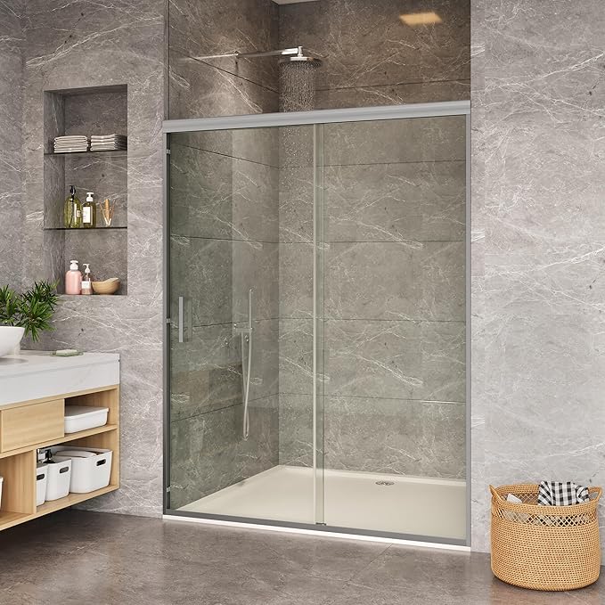 Bypass Sliding Shower Door - Double 6mm Tempered Glass with Easy-Clean Finish, Space Saving Aluminum Alloy Frame, 56 to 60 Inch Adjustable Width x 72 Inch Height, Brushed Nickel Enclosure