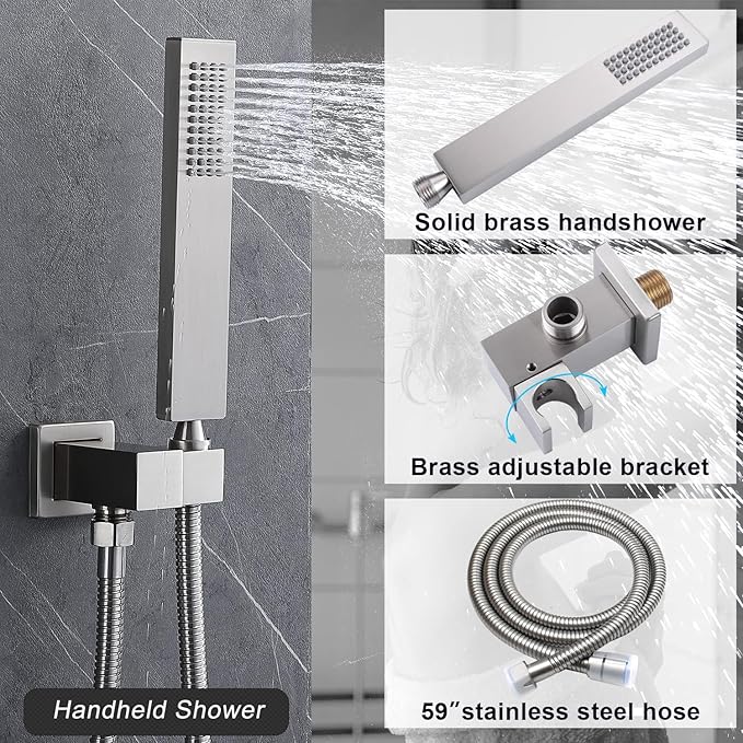 Bathroom Shower Faucet Set Brushed Nickel 12 Inch Wall Mounted Rainfall Shower Head System, Temperature Digital Display Shower Faucet with Handheld Spray, 4 PCS Body Jets
