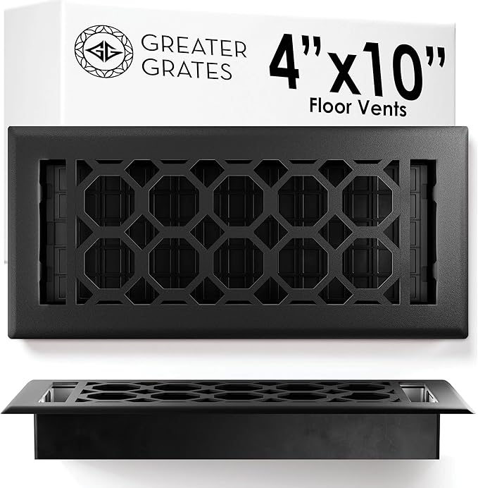 Floor Register 4x10 Vent Cover – Heavy-Duty Steel, Rustproof & Walkable Grates, Easy Drop-in Install, Adjustable Air Supply Switch - Decorative Honeycomb Design, Textured Black