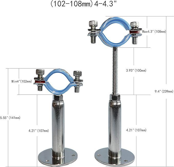 AKIHISA 2 Pcs 304 Stainless Steel Pipe Supports, Wall Mount Ceiling Mount Pipe Hanger, Pipe Holder for OD Pipe 102-108MM Adjustable Height Range 100-200mm