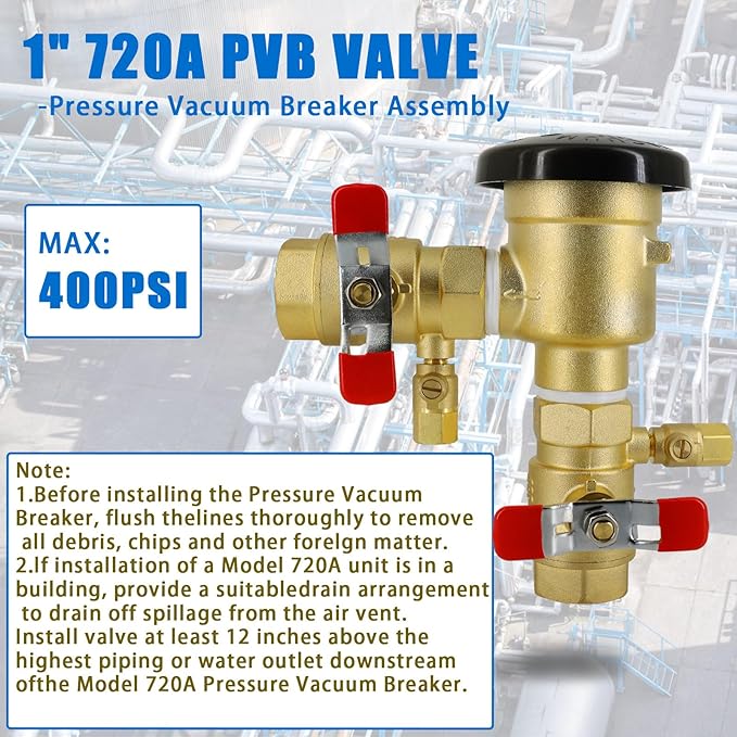 1" 720A 1-720A Pressure Vacuum Breaker Assembly,Brass Irrigation Backflow Preventer Valve for Lawn Irrigation System, Garden Sprinkler, Outdoor Water Line, Anti-Siphon Protection MAX 400PSI