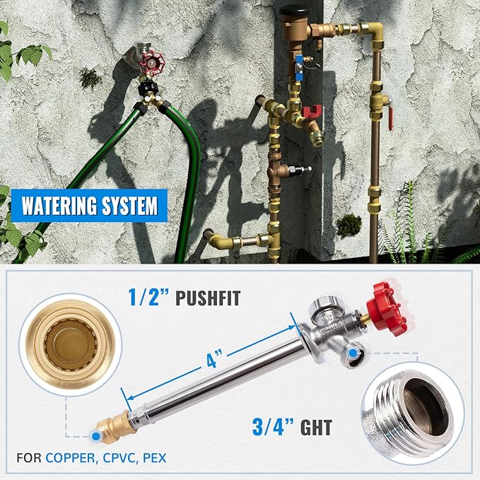 SUNGATOR 4 Inch Frost Free Sillcock, Anti-Siphon Outdoor Hose Valve, 1/2" Pushfit x 3/4" GHT Hose Bibb, No Lead Brass Push-to-Connect Garden Faucet/Spigot, Detachable End for PEX Pipe, Copper, CPVC