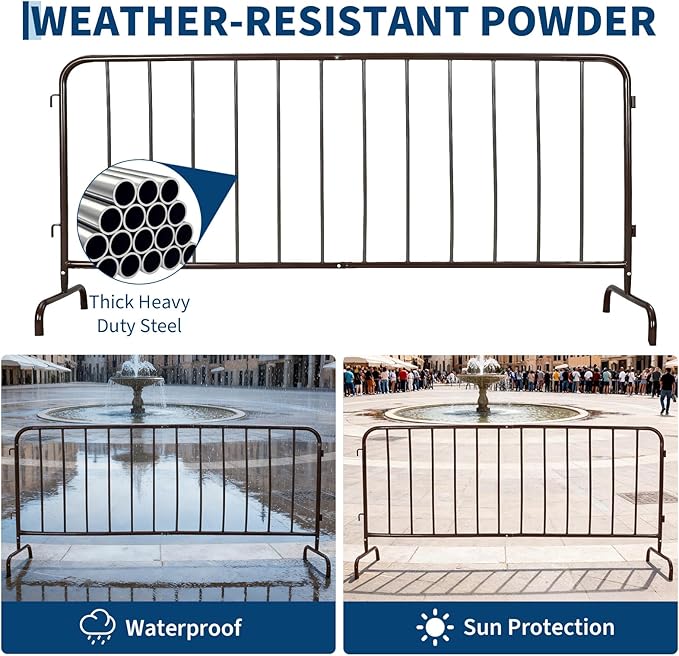 Interlocking Steel Barricade, 7 Ft. Heavy Duty Galvanized Metal Barricade, Interlocking Steel Road Barriers with with Bridge Feet Base, for Crowd Control Event Fencing Indoor/Outdoor, Brown