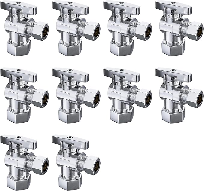 10 Pack Angle Stop Valve,1/2" Nominal Comp (5/8"OD Comp,Fits 1/2" Copper Pipe) X 3/8'' OD Compression Quater Turn Elbow Valve, 5/8 Inches OD X 3/8 Inches OD Shut Off Valve,Chrome