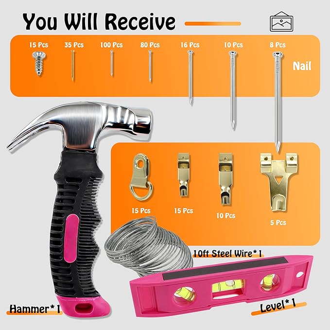 Picture Hanging Kit Hanging Hardware Assorted with Magnetic Hammer D Ring Nails Hooks Wires Magnetic Level for Wall Mounting Heavy Picture Canvas Paintings Photos Frame Board Clock