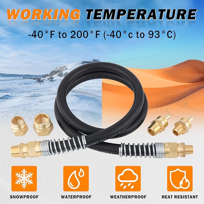 18 Pcs Brass 3/8” DOT Air Hose Male Connector Fittings with Spring Guards, Air Brake Hose End Fitting with Sleeve Tubes，50 Inch 3/8” Rubber Air Hose for Semi Truck Trailer Tractor