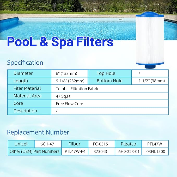 HANXER® 6CH-47 Spa Filter Cartridge Replaces for FC-0315, PTL47W-P4, 373043, 6H9-223-01, 03FIL1500, 60471 Hot Tub Filter, 47 sq.ft, 1 Pack