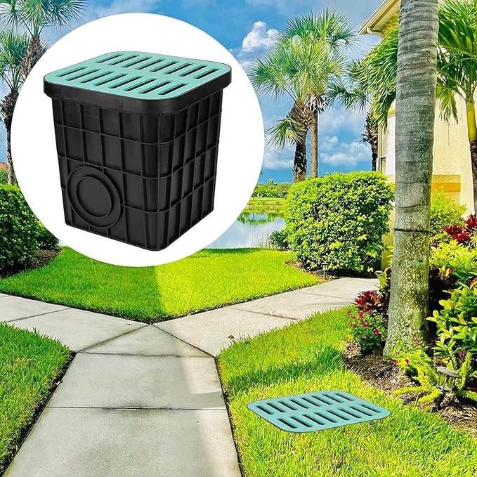 15x15x15 in Catch Basin with Fiber Glass Grate for Drainage, Large Drainage Basin with Debris Basket, French Drain Basin Strainers Without Reserved Hole for Yard, Downspout, Municipal Pipeline