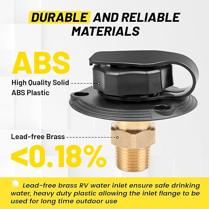 Oyviny RV City Water Inlet with Check Valve, Lead-free Brass RV Fresh Water Inlet 3/4 NH Female to 1/2 NPT Male Connection, Water Fill Inlet Flange Replacement for Camper Trailer Motorhome Marine