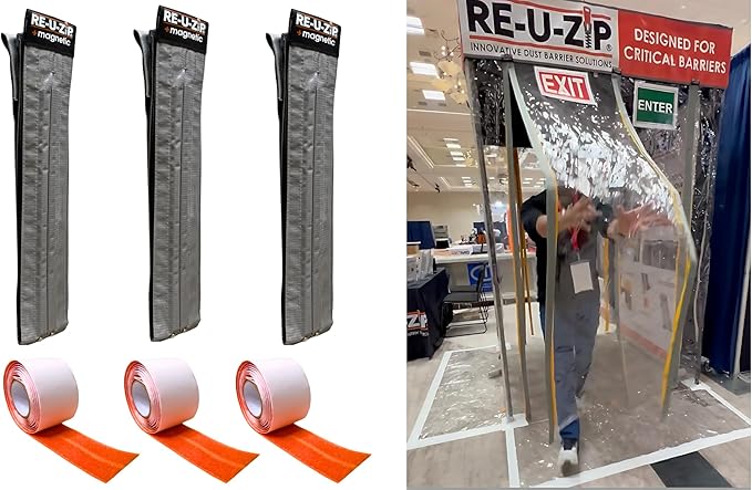RE-U-ZIP® Self-Closing Magnetic Entry Strip | Hands-Free Dust Barrier Zipper Alternative for Plastic Sheeting | Reusable, Custom Placement & Works Under Negative Air | 3-Pack