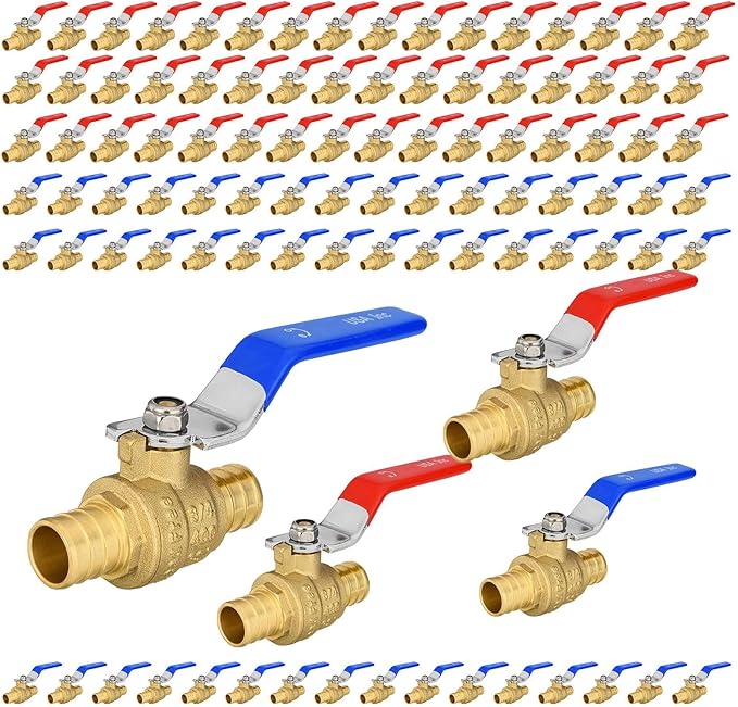 100-Pack Foskan 3/4" PEX Crimp Ball Valve, Brass Quarter Turn Full Port Shut-off Valve for PEX Tubing(Blue and Red)