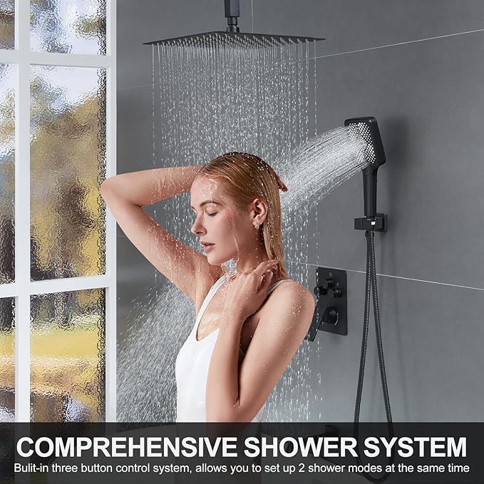 Bathtub Shower Faucet Set with Pressure Balance Valve, 12" Ceiling Mount Shower System with Tub Spout Multi-function Handheld Head Push Button Diverter Shower Trim Kit, Matte Black