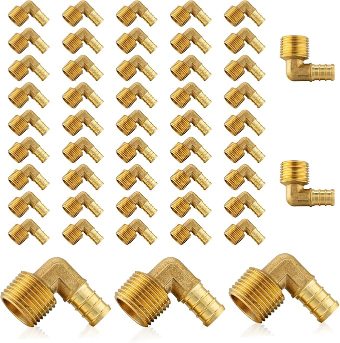 (50-Pack) PEX Fittings, Pex 1/2" x 1/2" Male Threaded NPT Elbow Adapter, Brass Crimp Fittings, for PEX Tubing Pipe Plumbing, ASTM F1807(PEX1807096-50Pack)