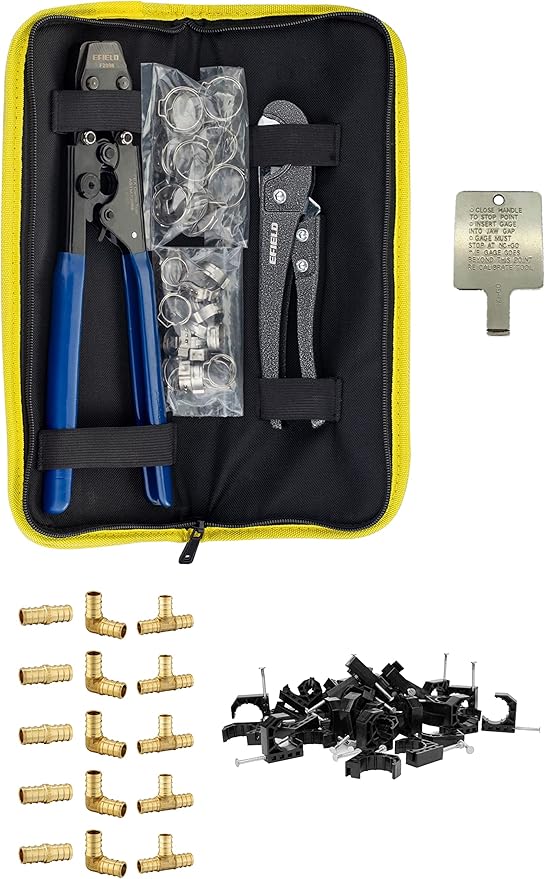 EFIELD Heavy-Duty Canvas Bag/Pex Crimping Tool Kit: 15 Pcs 1/2" Barb Brass Pex Fittings Elbow, Tee, Coupler, 50 Pcs J-Clamps, Pipe Cutter, 20pcs 1/2", 10 pcs 3/4" Clamps,(TOOL035)