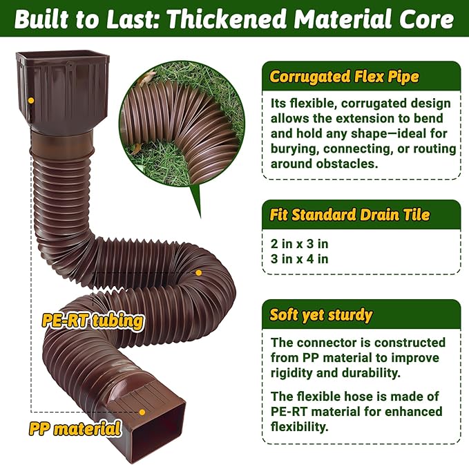 2 Pack Rain Gutter Downspout Extensions 60" with Filter, Corrugated Flexible Gutter Pipe, Downspout Diverter, Down Spout Drain Extension, Extendable from 20" to 60", Screws for Included, Brown