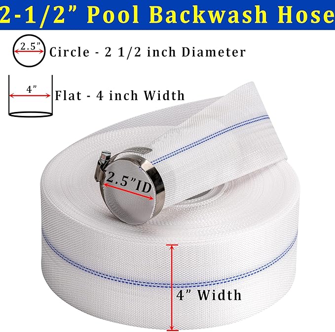 Pool Backwash Hose 2-1/2” × 100 ft Fiber Reinforced Discharge Hose General Purpose Flexible Lightweight Lay Flat Pump Drain Pipe for Water Transfer (Reinforced Thin Hose, 2.5in-100ft)