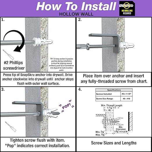 TOGGLER SnapSkru SP Self-Drilling Drywall Anchor for Hollow Wall Application, Glass-Filled Nylon, Made in US, for #6 to #10 Fastener Sizes (50 Pack w/Screws)