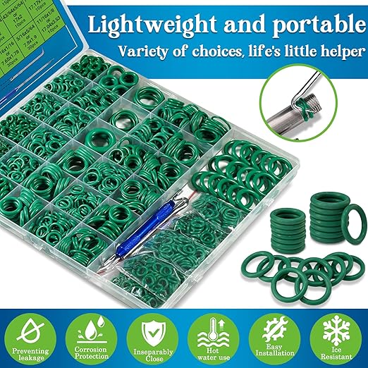 595 Pcs Automotive AC O Rings Kit, SAE and Metric Air Conditioning Orings Assortment Set for Car A/C Compressor and Professional Plumbing Faucet Seal Repair with 4 Pick & Hook (Green)