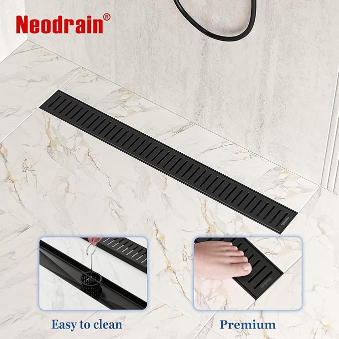 Neodrain 24" Matte Black Bathroom Linear Shower Drain with Removable Capsule Pattern Grate, 304 Stainless Steel Shower Floor Linear Drain- CUPC Certified with Hair Strainer
