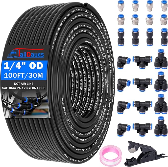 1/4" Air Line Tubing Kit,100 FT(30m)1/4 Inch DOT Air Line SAE j844 PA Nylon Air Hose Quick Connect Fittings with Cutter and Teflon Tape,1/4" Air Hose Kit for Pneumatic System Or Fluid Transfer(27 PCS)